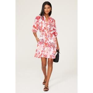 BANJANAN Red White Floral Multicolor 100% Cotton A-Line Benita Dress Size Medium